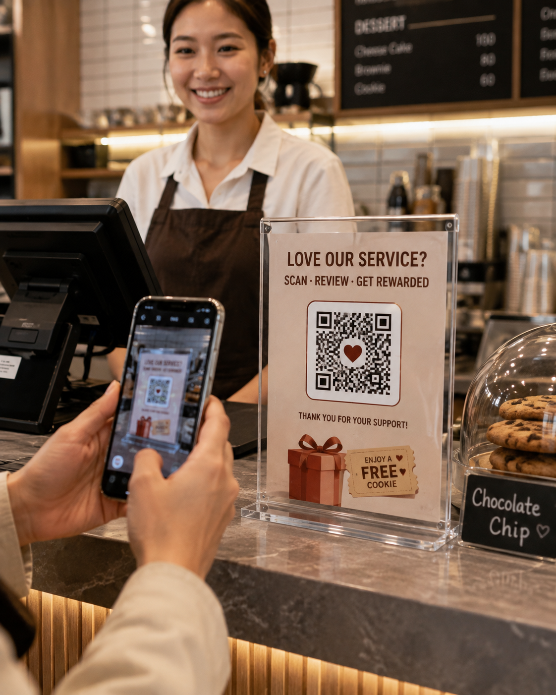 Counter table card - scan review get rewarded