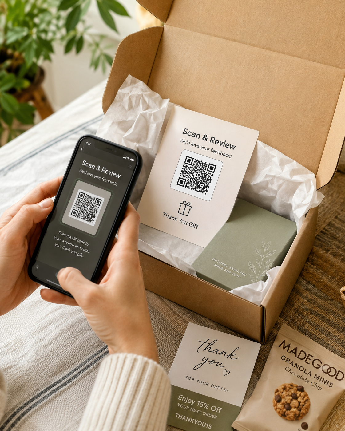 E-commerce QR review label with discount code