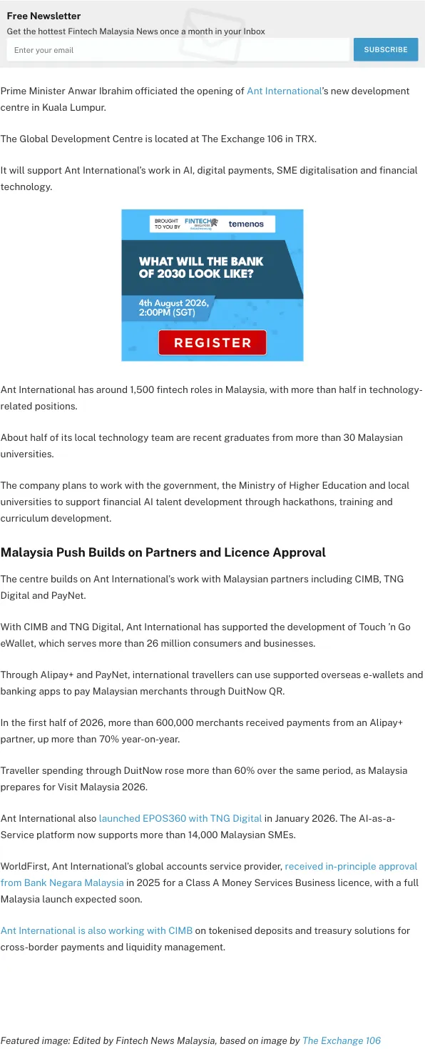 Fintech News Malaysia coverage of Ant International KL centre launch