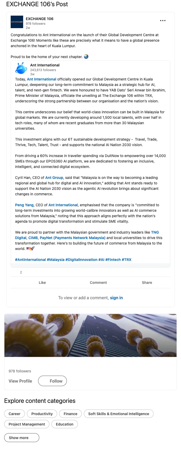 Exchange 106 LinkedIn post congratulating Ant International on GDC launch
