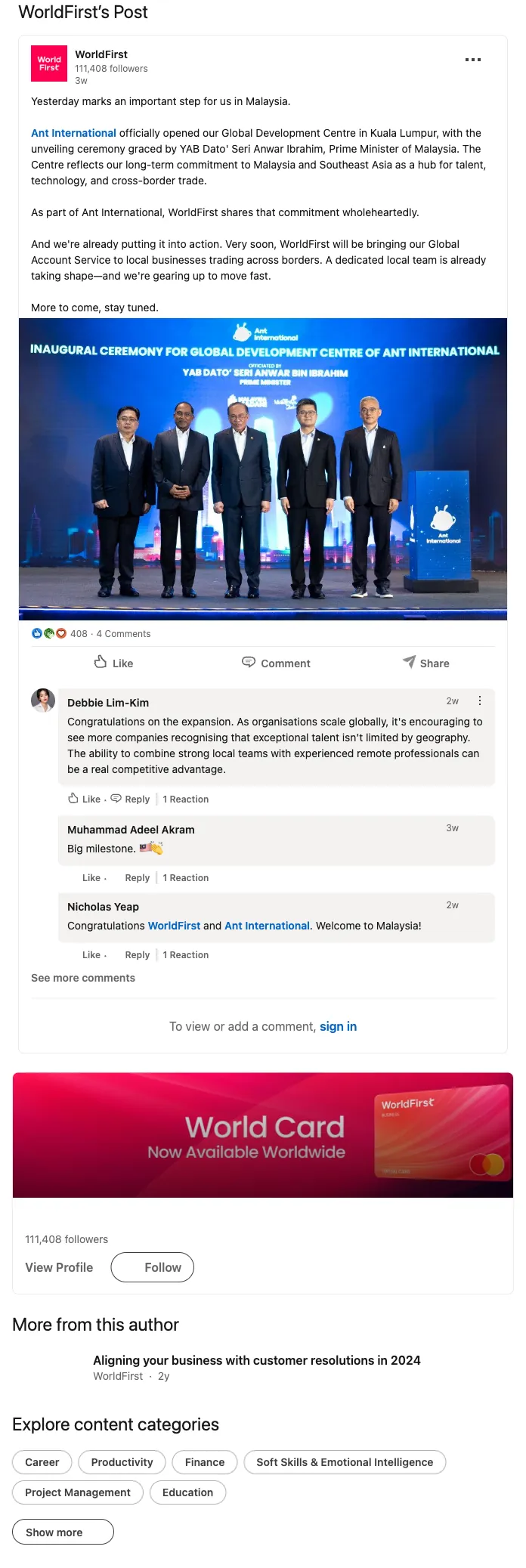 WorldFirst LinkedIn post celebrating Ant International GDC launch in KL