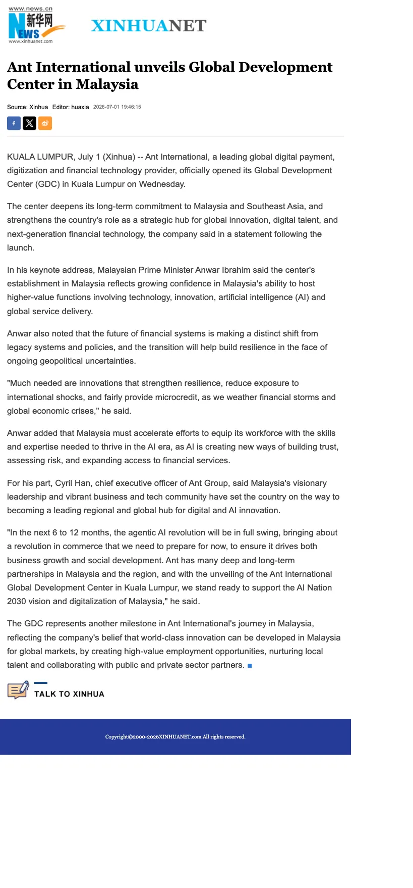 Xinhua report: Ant International opens Global Development Centre in KL