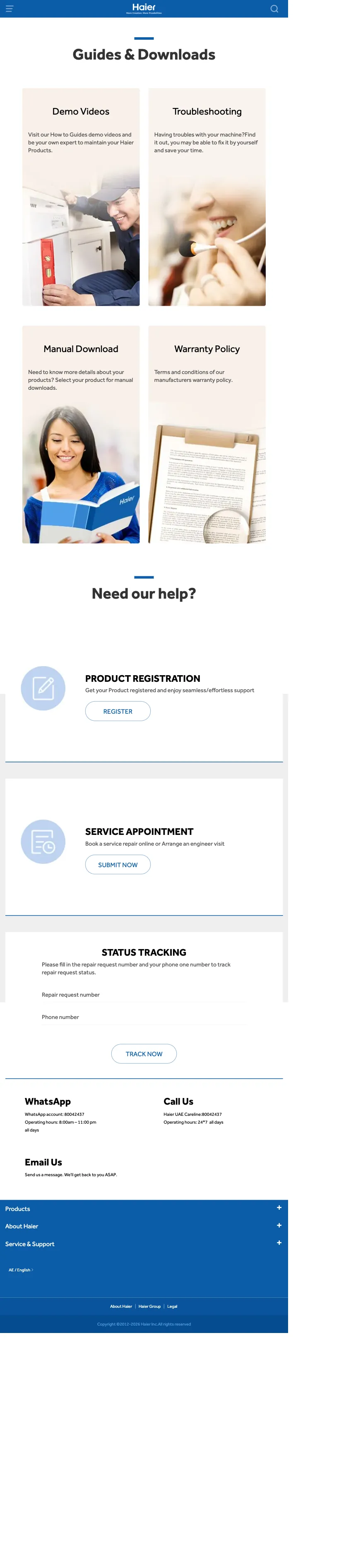 Haier UAE support page with WhatsApp contact number