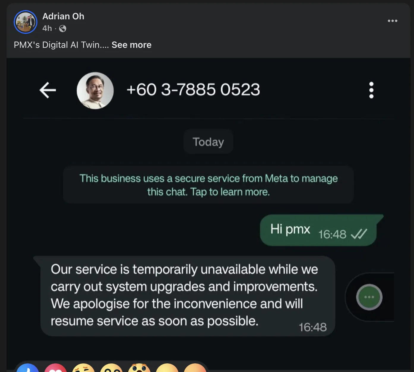 Facebook post showing PMX AI unavailable