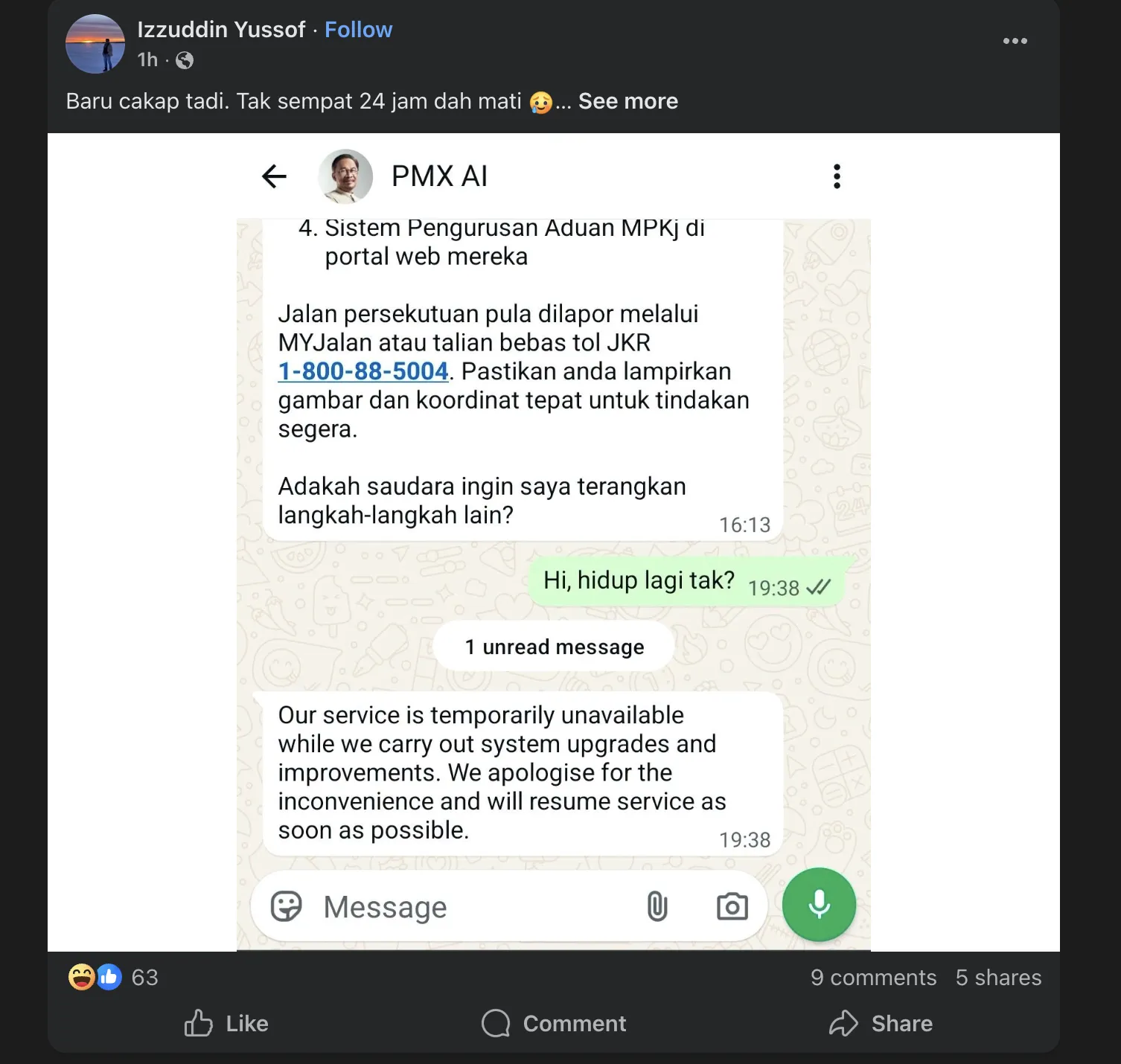 Facebook post: PMX AI down within 24 hours