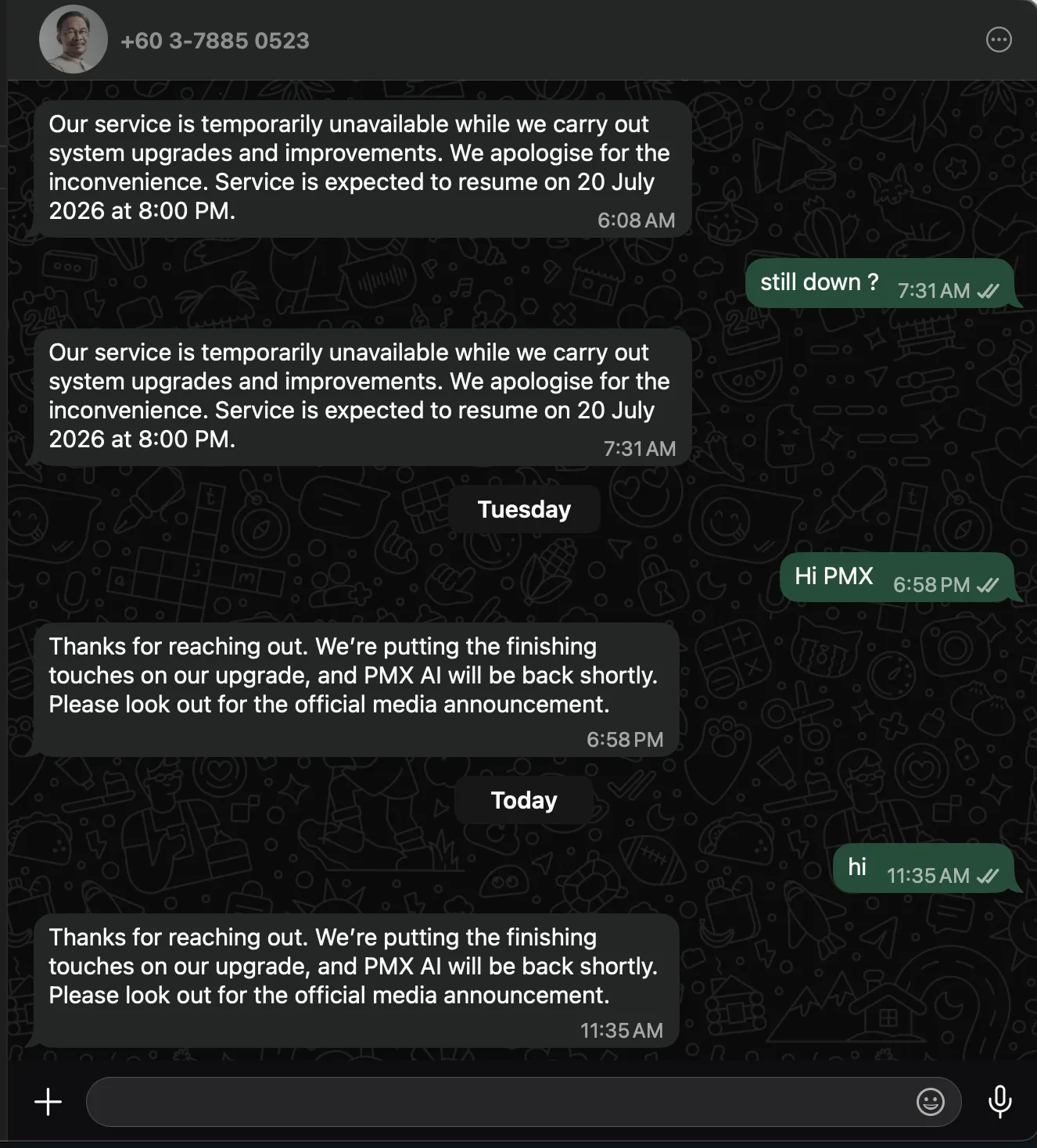 PMX AI still down on July 25 with updated message